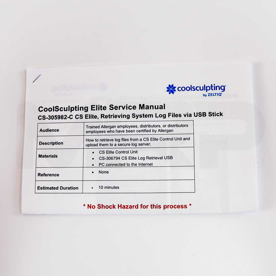 Zeltiq CoolSculpting CS Elite Log Retrieval and Upload USB Stick Sheet