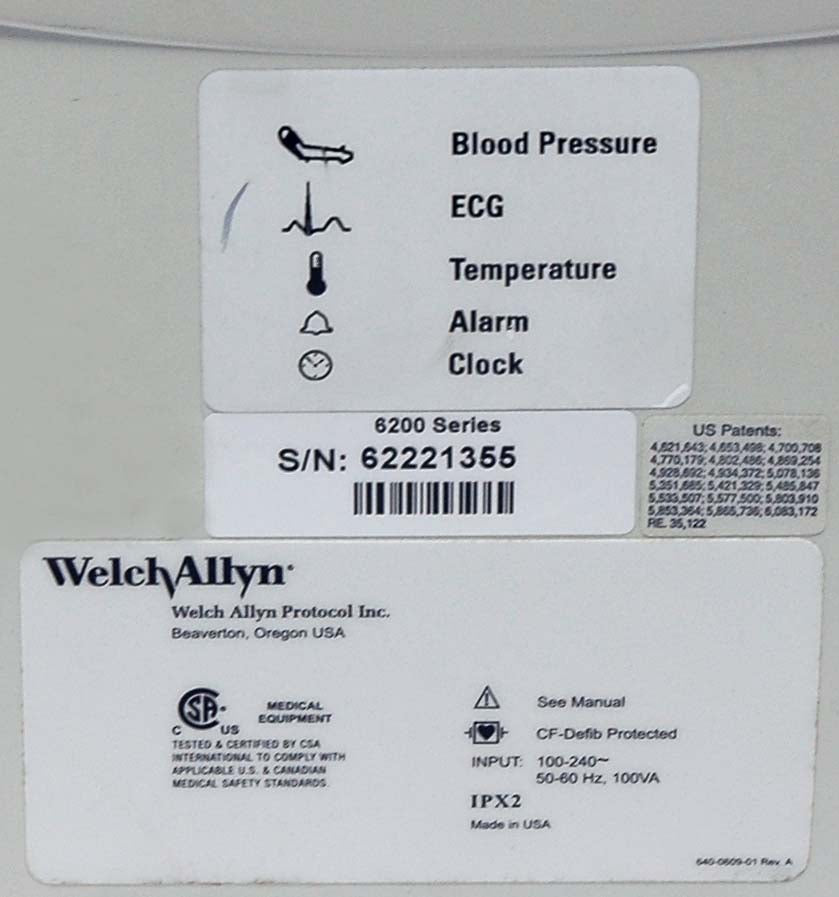 WELCH ALLYN Patient Vital Sign Monitor Series 6200 w/Blood Pressure Cuff
