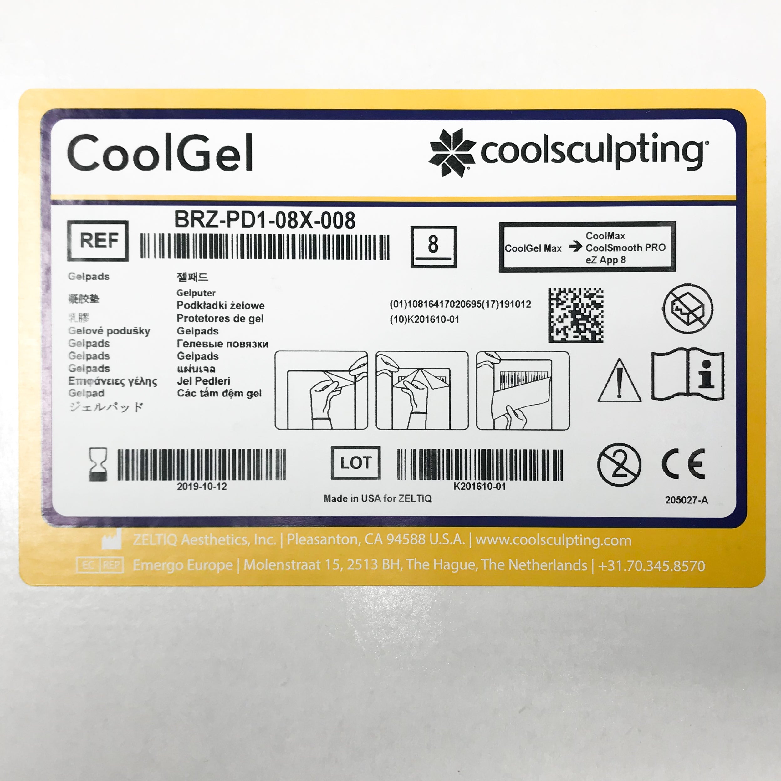 ZELTIQ CoolGel Max CoolSculpting CoolSmooth Pro BRZ-PD1-08X-008 Cool Gel NIB