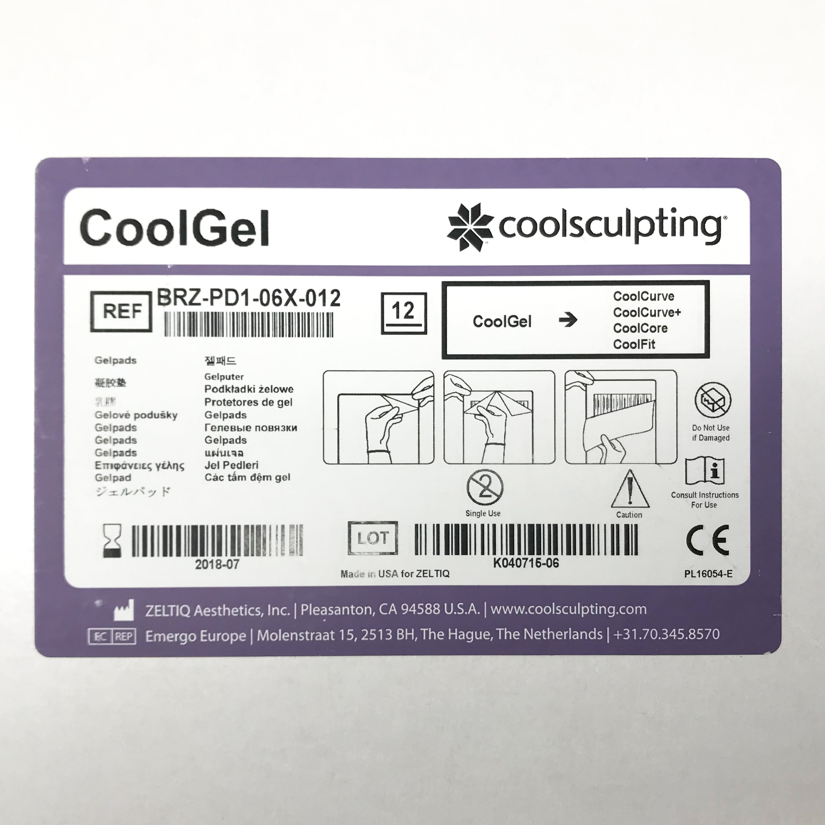ZELTIQ CoolSculpting CoolGel CoolCurve+ CoolCore CoolFit BRZ-PD1-06X-012 Exp7/18