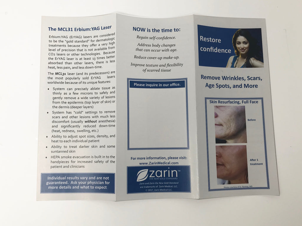 Zarin MCL31 Erbium Laser Skin Rejuvenation Resurfacing Patient Brochures 25 pack
