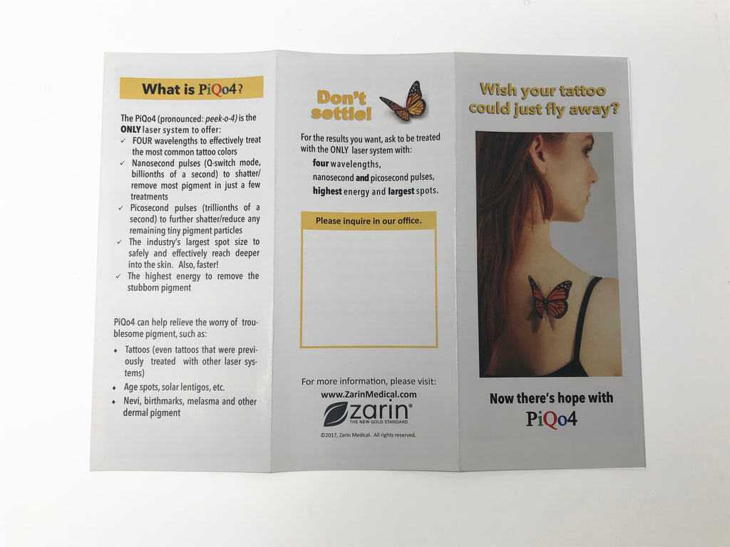 Zarin PiQo4 Multi Wavelength Pico Laser Tattoo Removal Patient Brochures 50 Pack