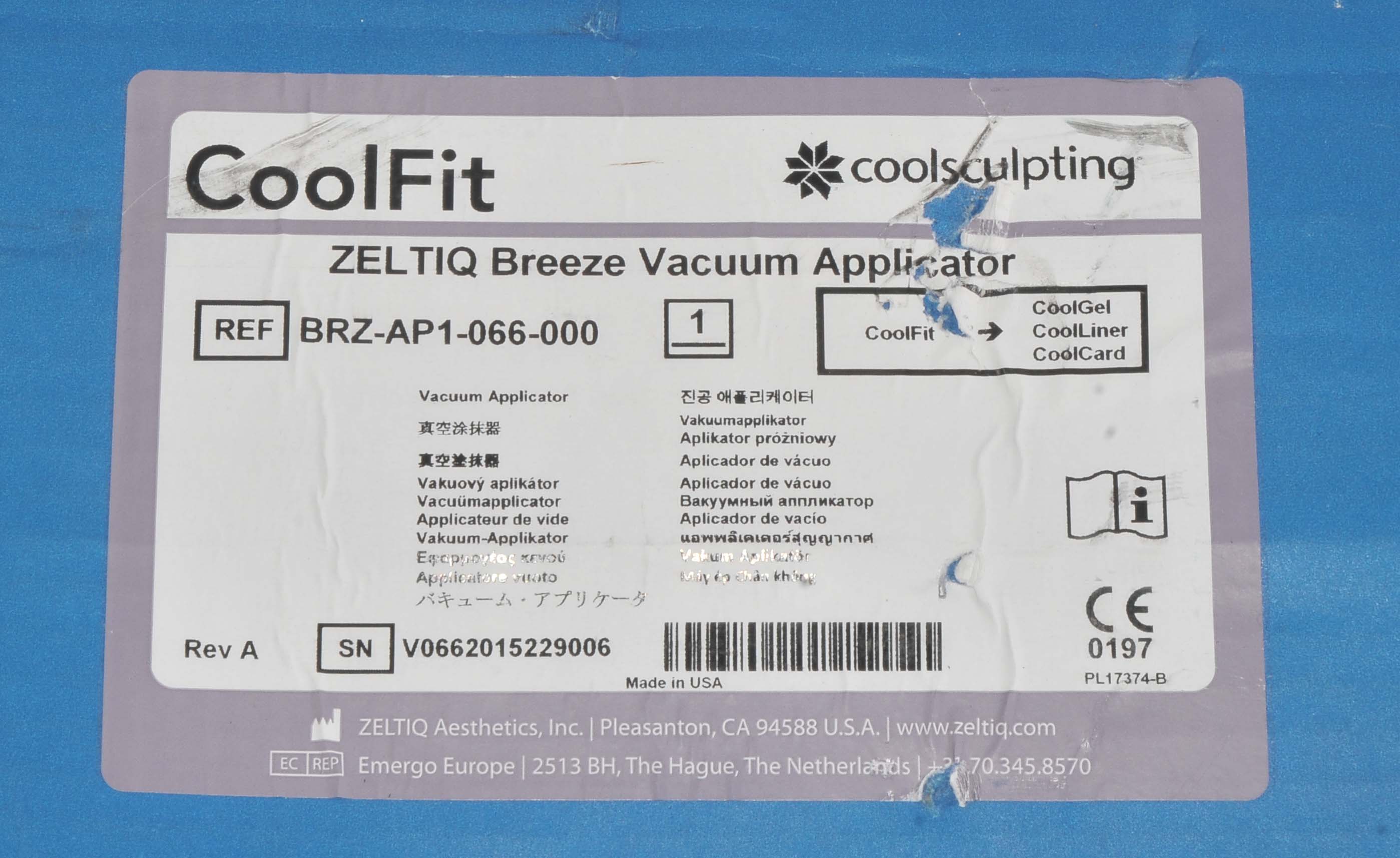 Zeltiq CoolSculpting CoolFit Breeze Vacuum Applicator BRZ-AP1-066-000 Handpiece