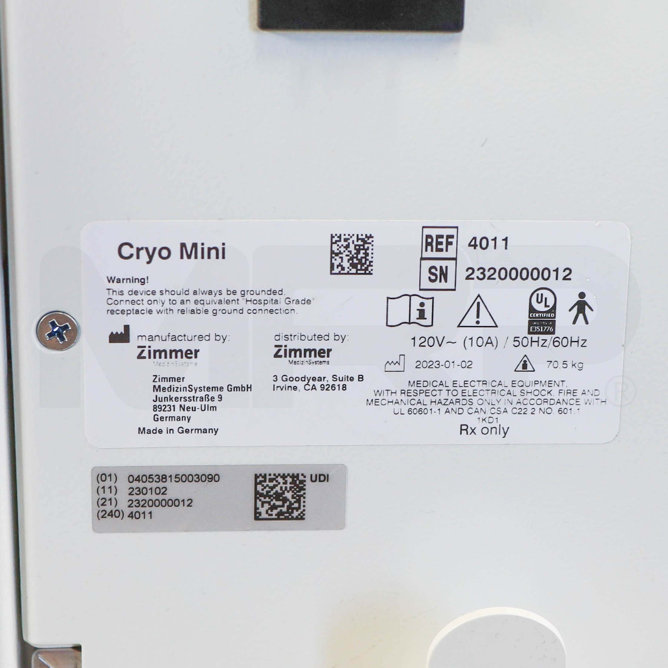 Zimmer MedizinSysteme CryoMini Skin Cooling System Serial Label