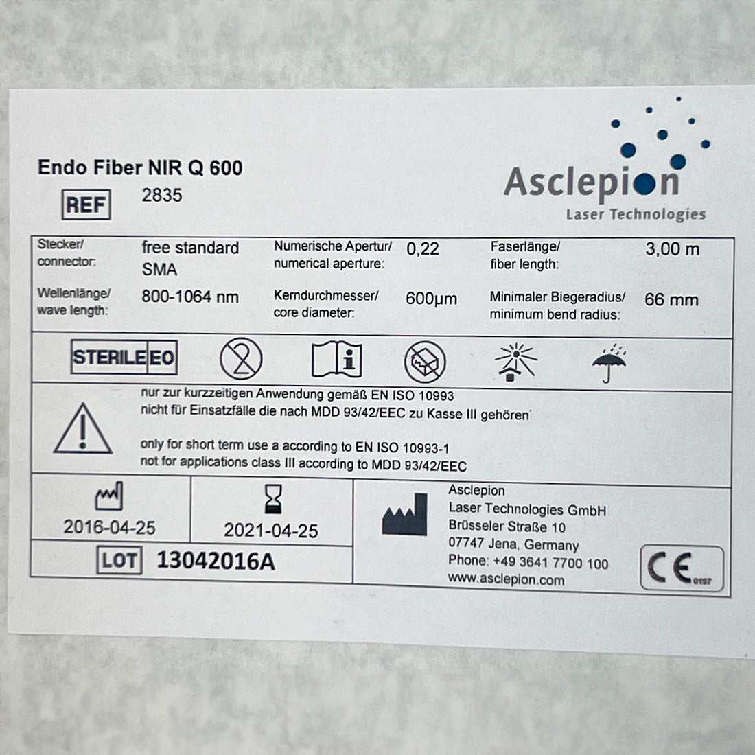 Asclepion Laser Tec 2835 Endo Fiber NIR Q 600 800-1064nm 66mm EXP2021