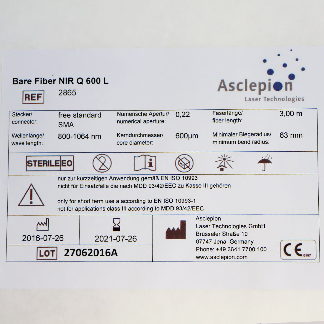 Asclepion Laser Tec 2865 Bare Fiber NIR Q 600 L 800-1064nm 63mm EXP2021
