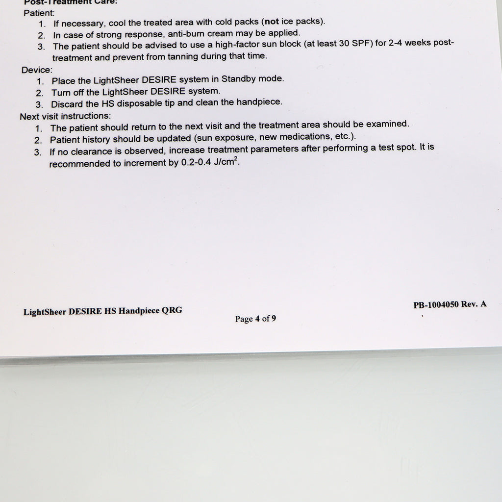 Lumenis LightSheer Desire HS Handpiece Quick Reference Guide PB-1004050