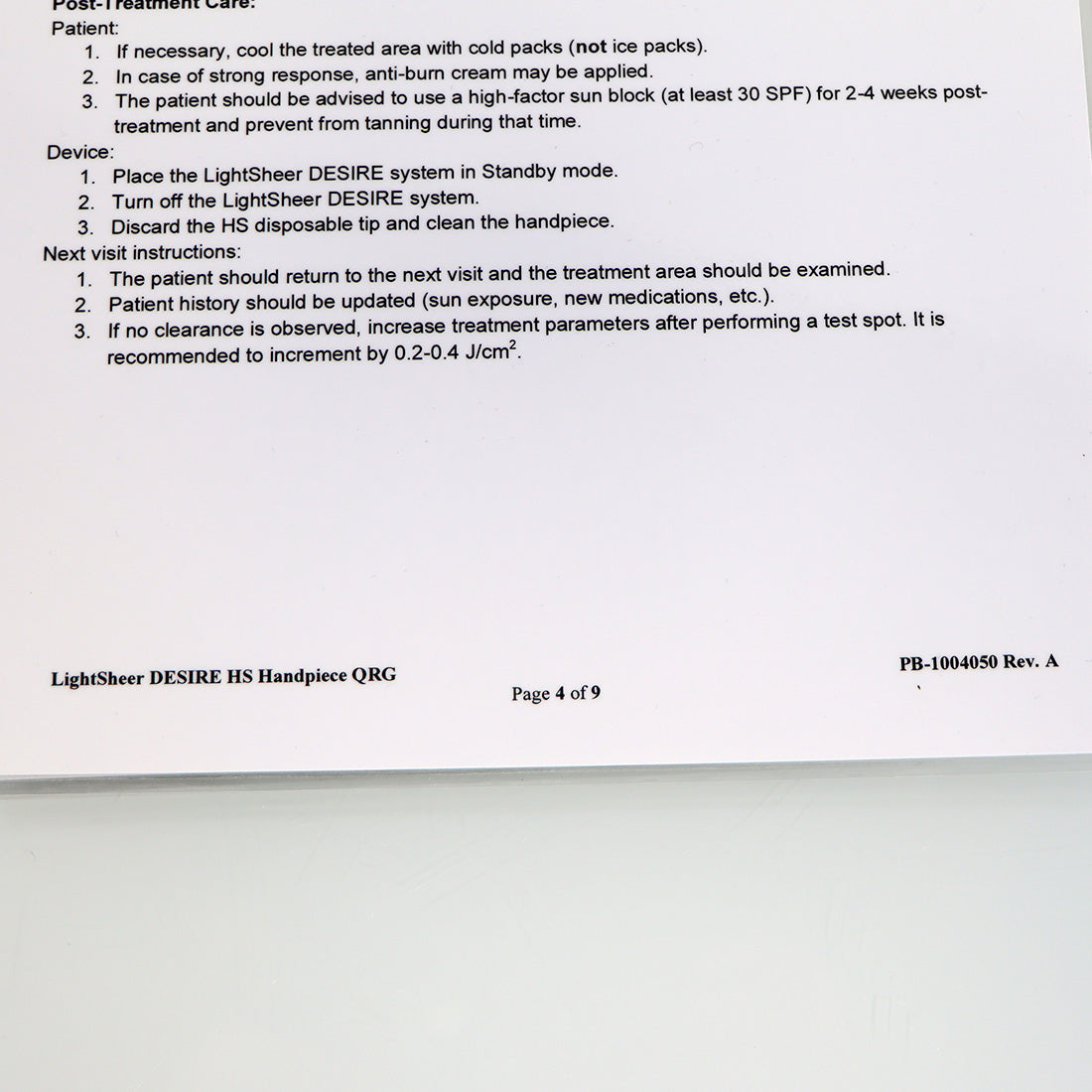 Lumenis LightSheer Desire HS Handpiece Quick Reference Guide PB-1004050