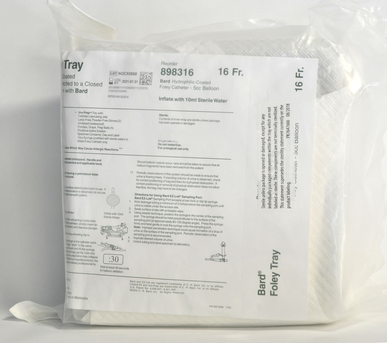Bard Foley Tray 5cc Balloon Catheter 16 Fr P/N: 898316 Urinary Drainage System