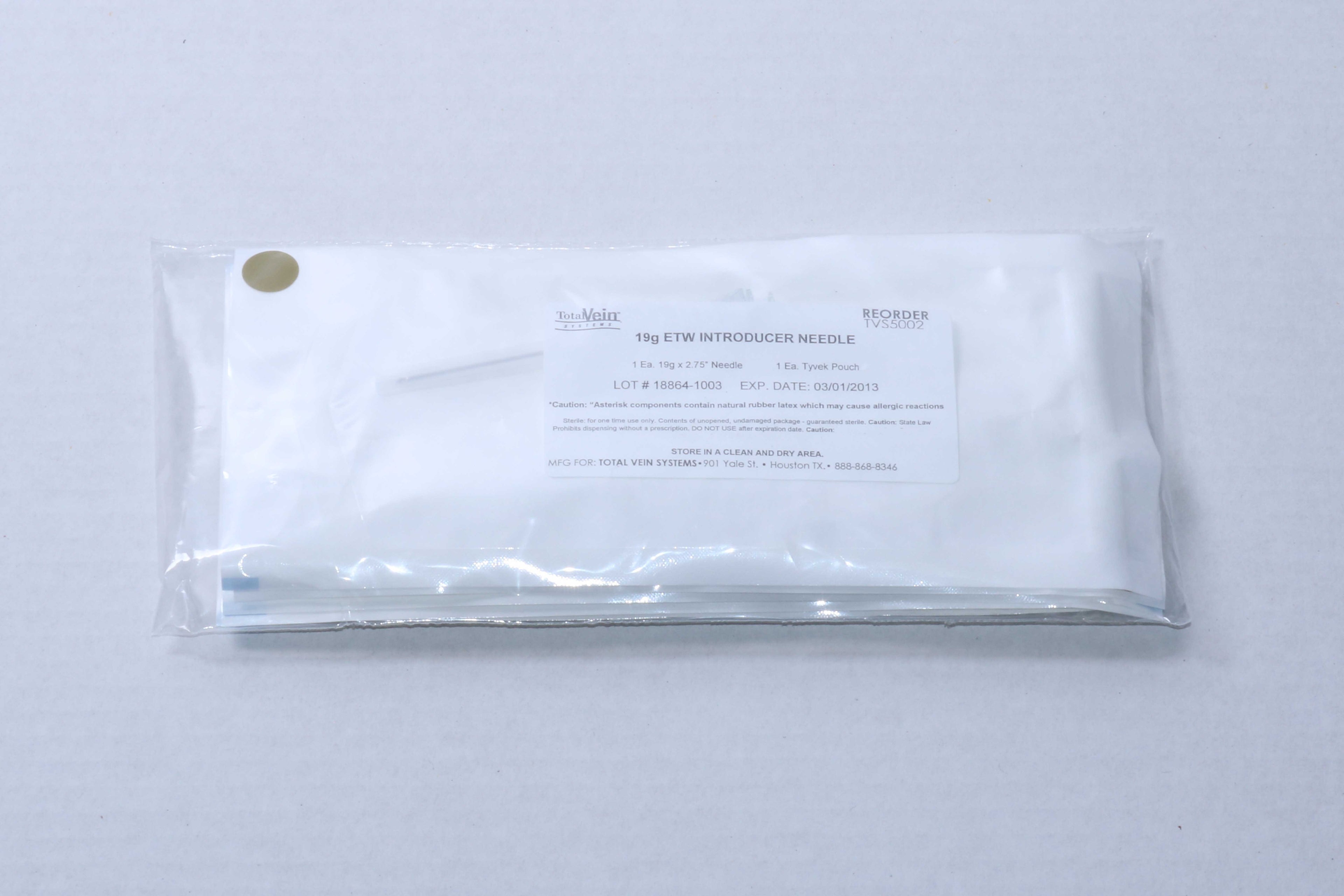 Total Vein Systems 19G 2.75" ETW Introducer Needle TVS5002 EXP 2013 (5 PACK)