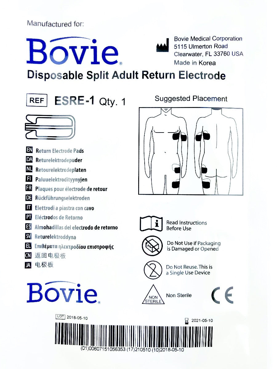 Bovie ESRE-1 Disposable Split Return Electrode Exp. 5/21 - 5 Pack