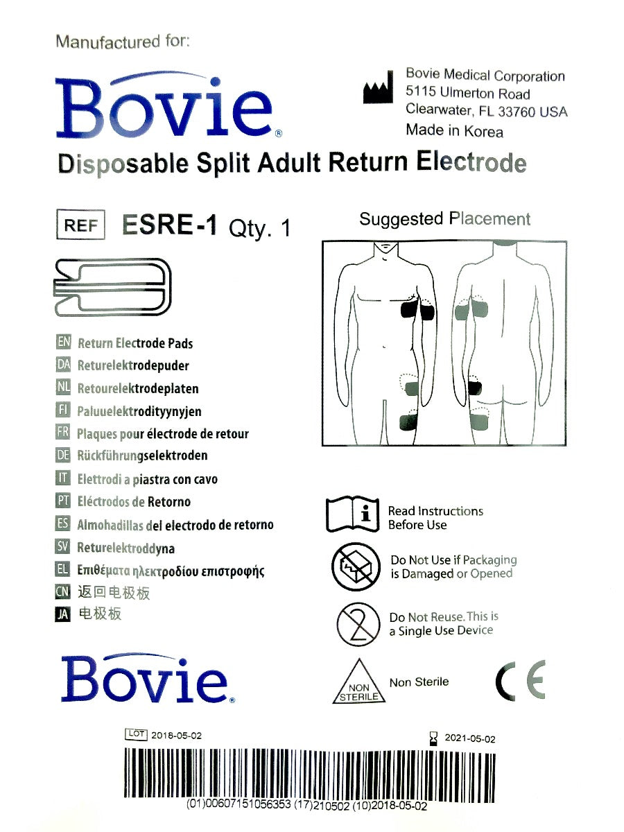 Bovie ESRE-1 Disposable Split Return Electrode Exp. 5/21 - 7 Pack