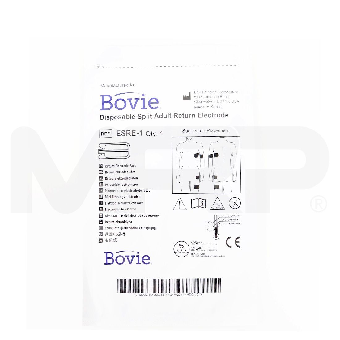 Bovie Disposable Split Adult Return Electrode EXP 10/2024, Single