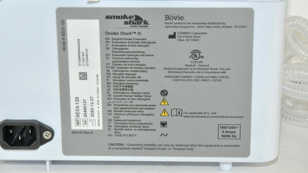 Bovie Smoke Shark III SE03-120 Surgical Smoke Evacuator w/Pencil Adapter 2020