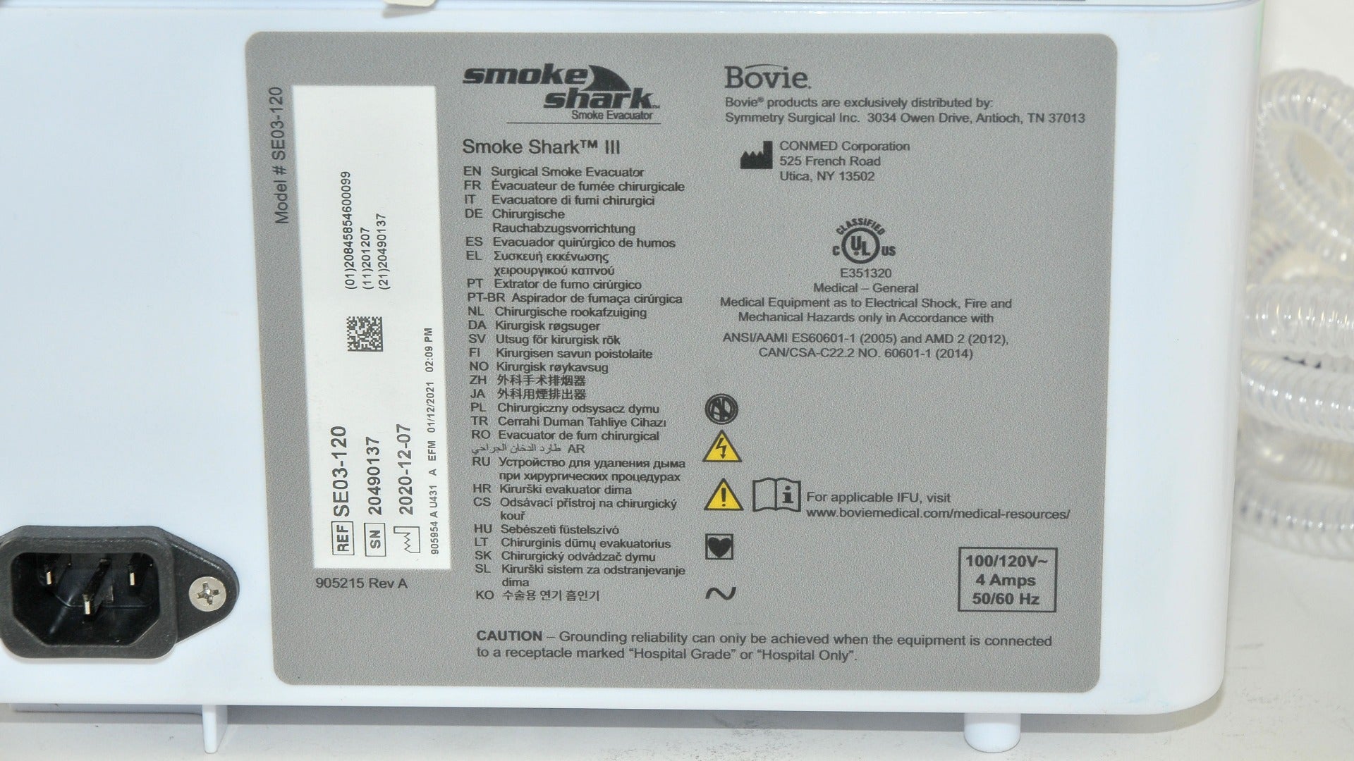 Bovie Smoke Shark III SE03-120 Surgical Smoke Evacuator w/Pencil Adapter 2020