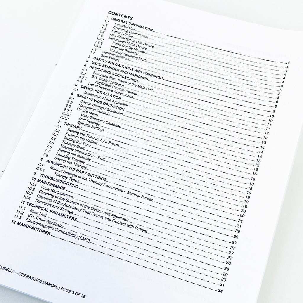 BTL Emsella Chair Applicator Operator's Manual Guide Operation Parameter Booklet