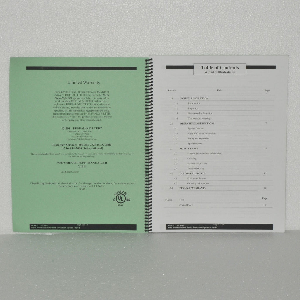 Buffalo Filter Operator's Manual Porta PlumeSafe 604 Smoke Evacuation System