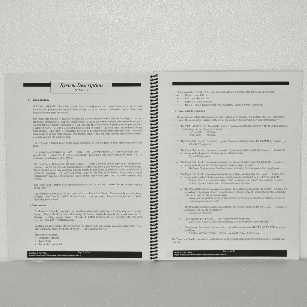 Buffalo Filter Operator's Manual Porta PlumeSafe 604 Smoke Evacuation System