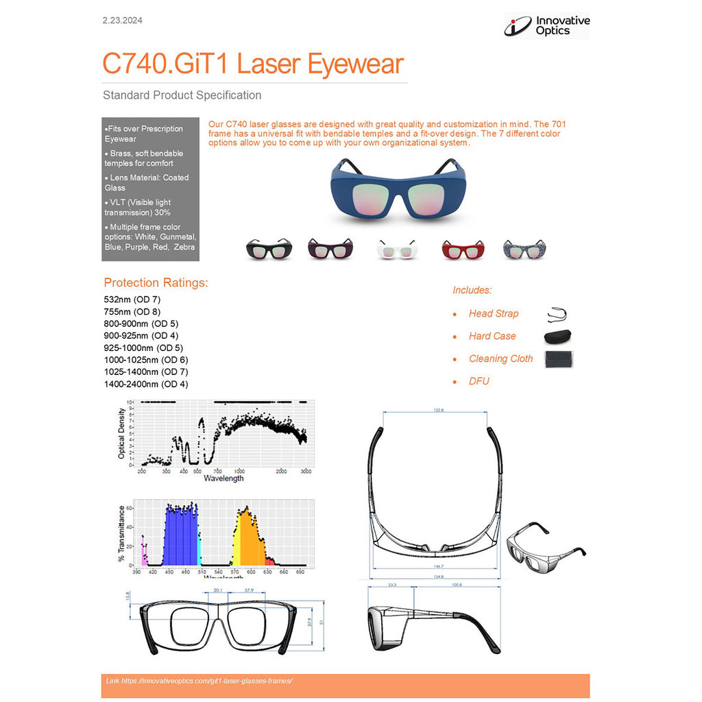 Innovative Optics PPE Laser Safety Glasses C740.GiT1 Iridescent Pink Lens Multi-Wavelength KTP, Alex, Nd:YAG, Diode, Co2