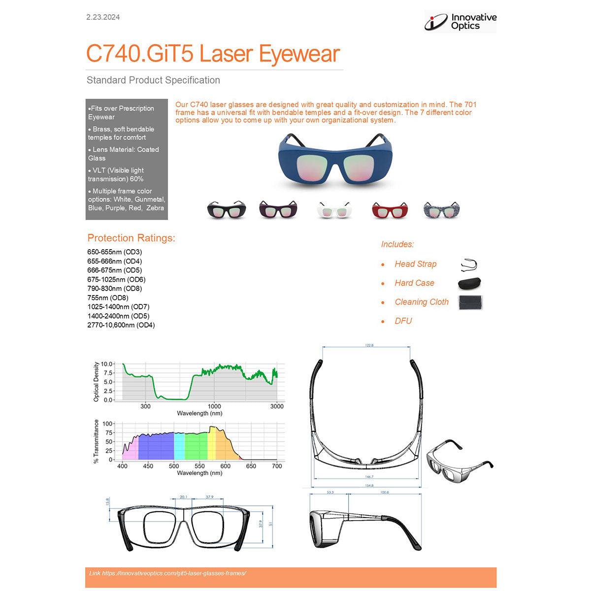 Innovative Optics PPE Laser Safety Glasses C740.GiT5 Iridescent Clear Lens Diode, Alex, Nd:Yag, CO2