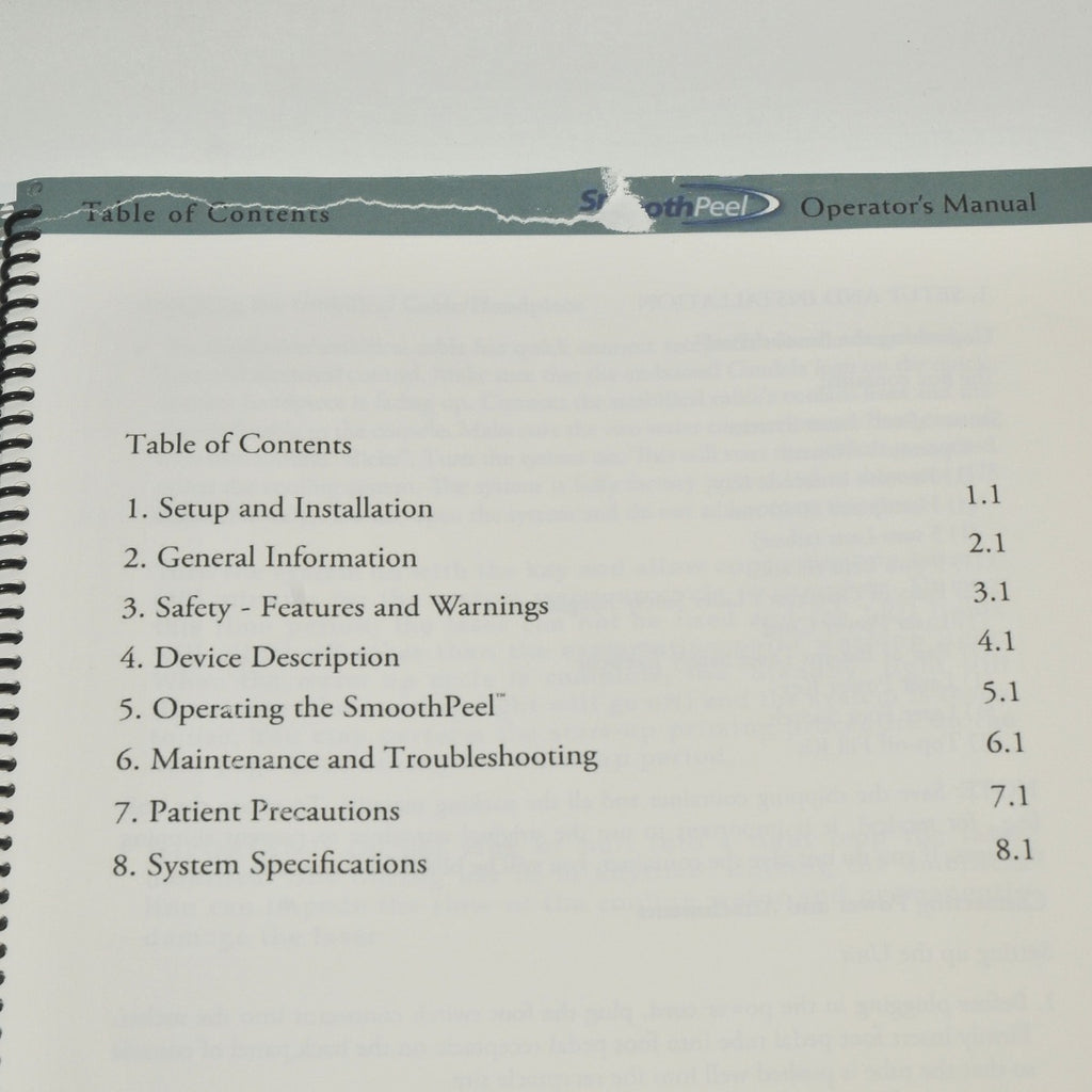 Candela SmoothPeel Operator's Manual 2008 VERSION 2.0 Setup Maintenance Specs +