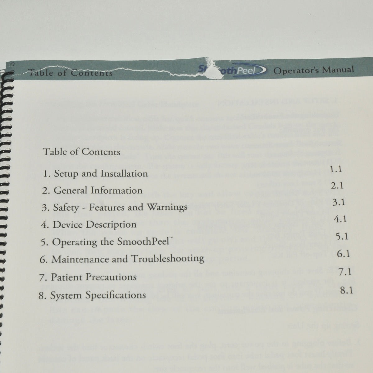 Candela SmoothPeel Operator's Manual 2008 VERSION 2.0 Setup Maintenance Specs +