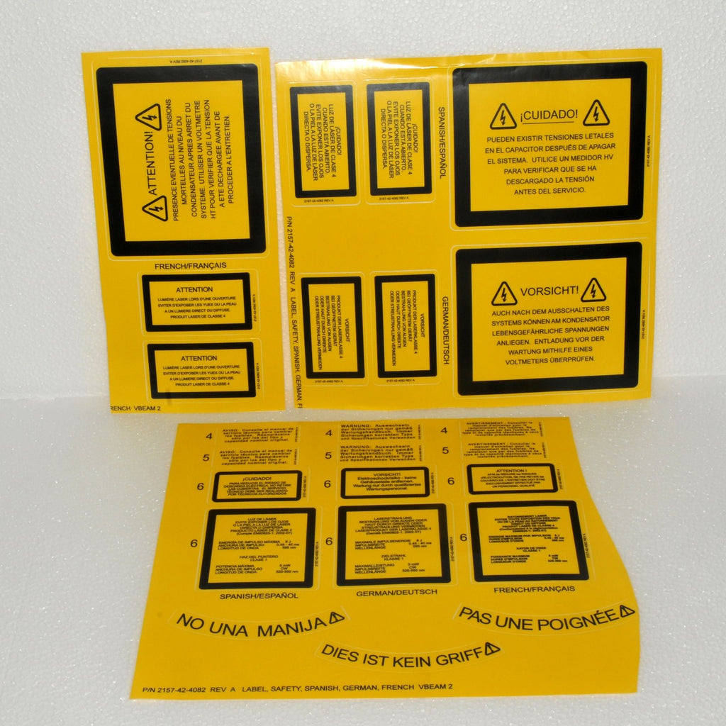 Candela VBeam 2 Laser Safety Labels Spanish German French 2157-42-4082 Warning