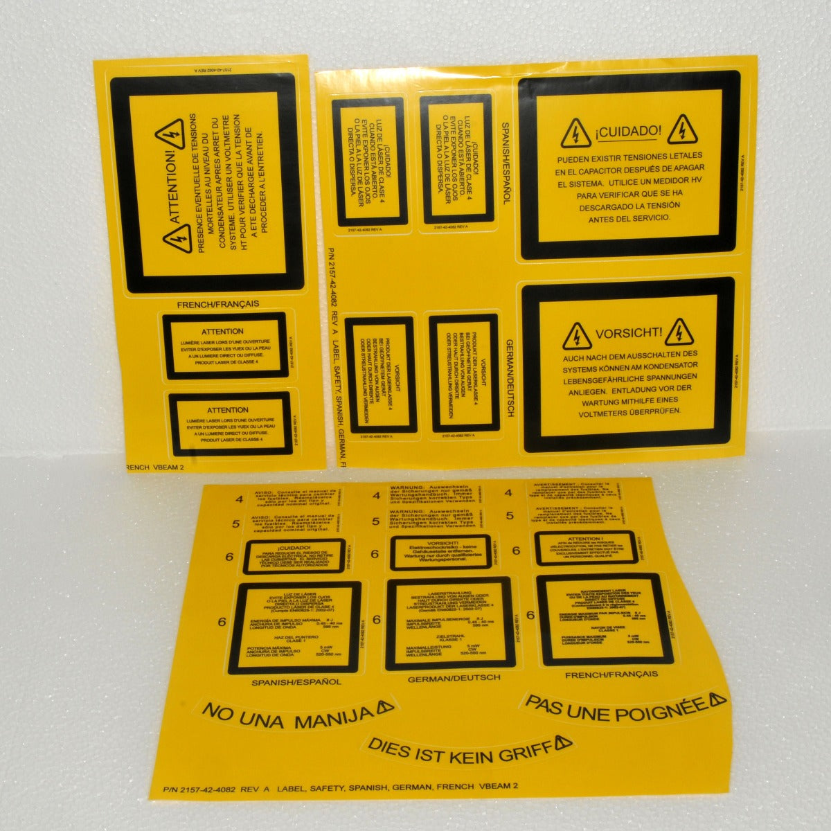 Candela VBeam 2 Laser Safety Labels Spanish German French 2157-42-4082 Warning