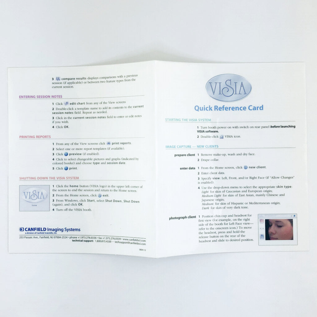 Canfield Visia Facial Imaging System Quick Reference Card PN: 0804-12