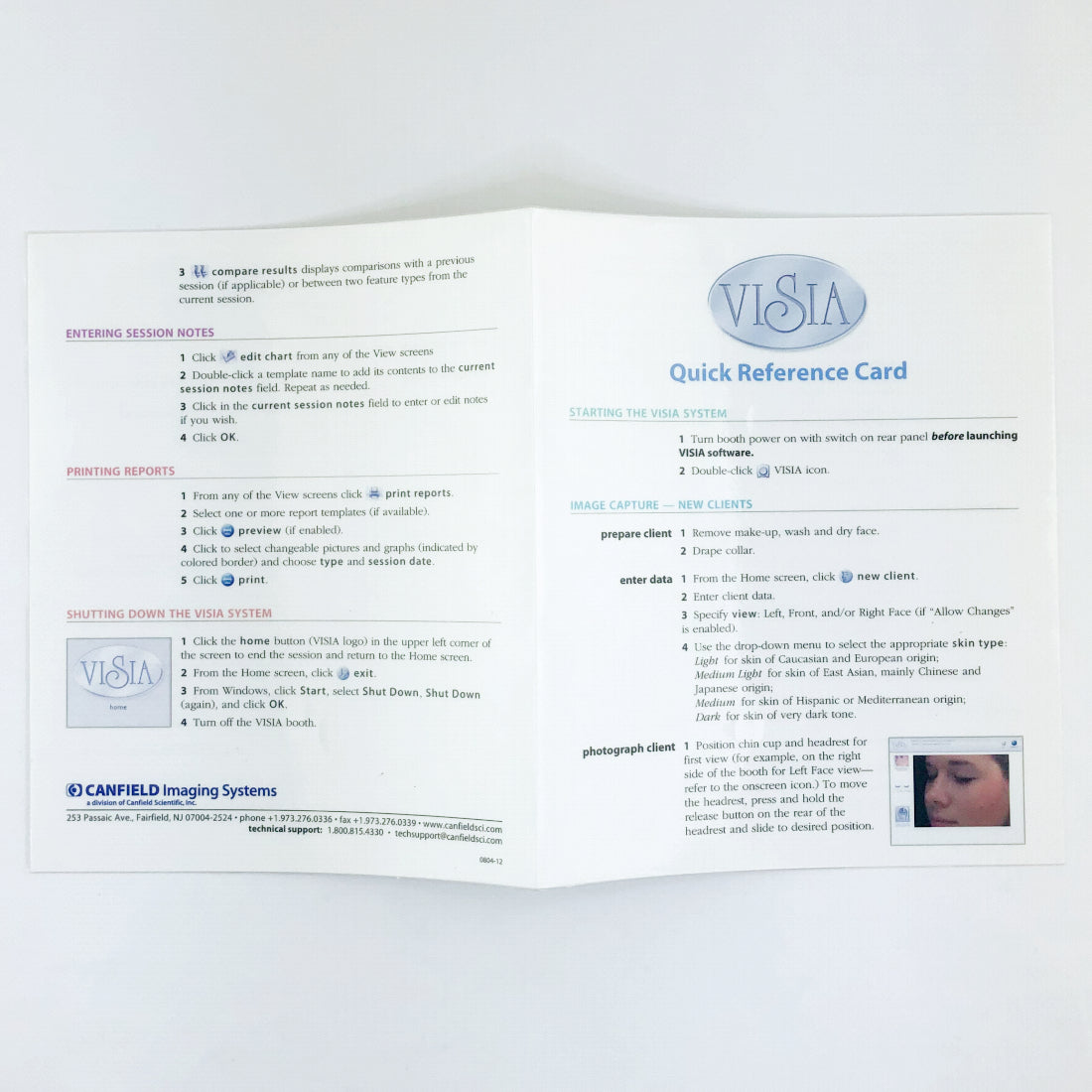 Canfield Visia Facial Imaging System Quick Reference Card PN: 0804-12