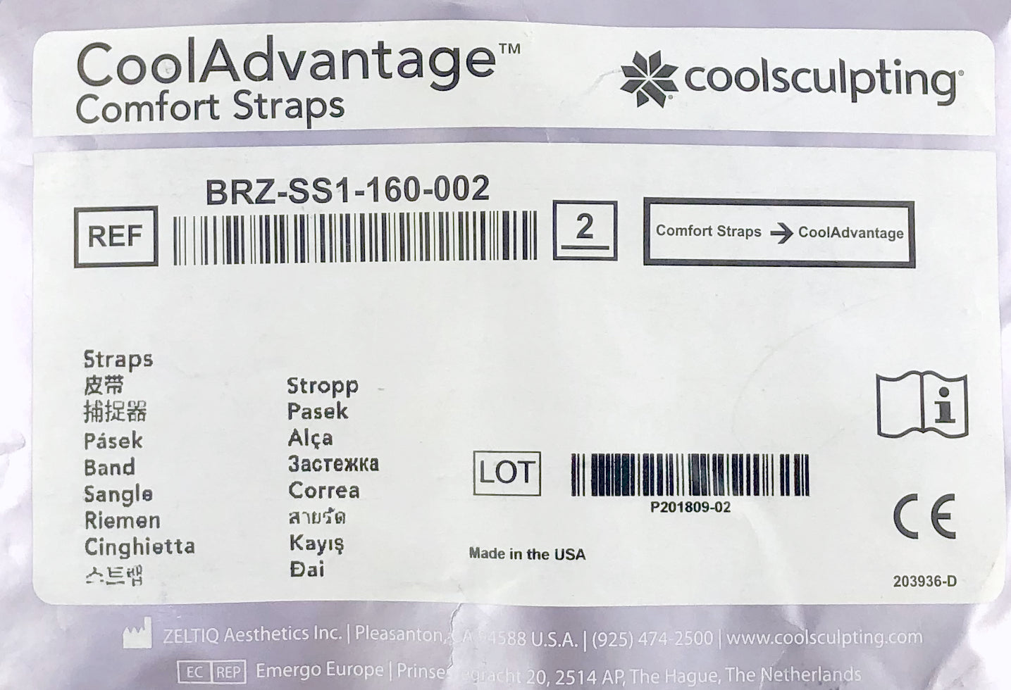 Zeltiq CoolAdvantage Comfort Straps BRZ-SS1-160-002 CoolSculpting - Pack of 2