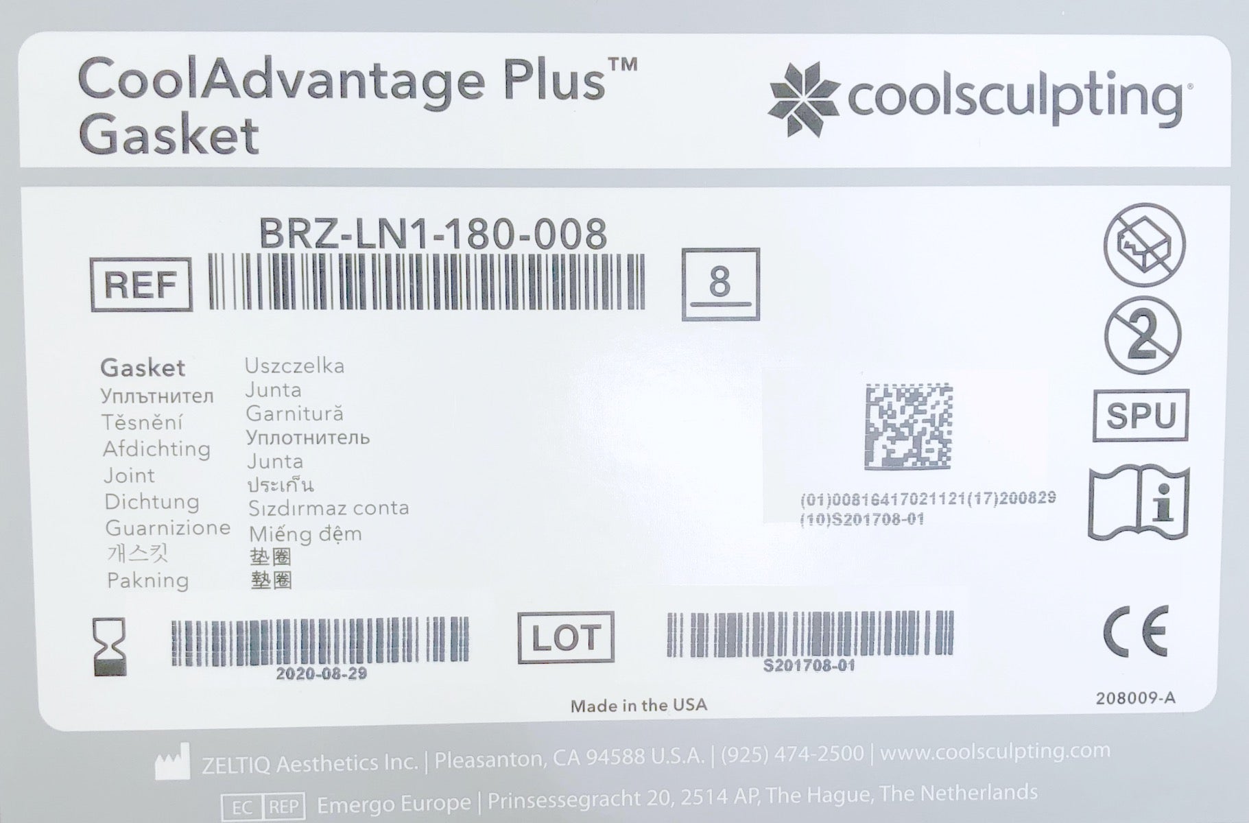Zeltiq CoolSculpting CoolAdvantage Plus Gasket BRZ-LN1-180-008 Exp 08/20 - 8 Pack