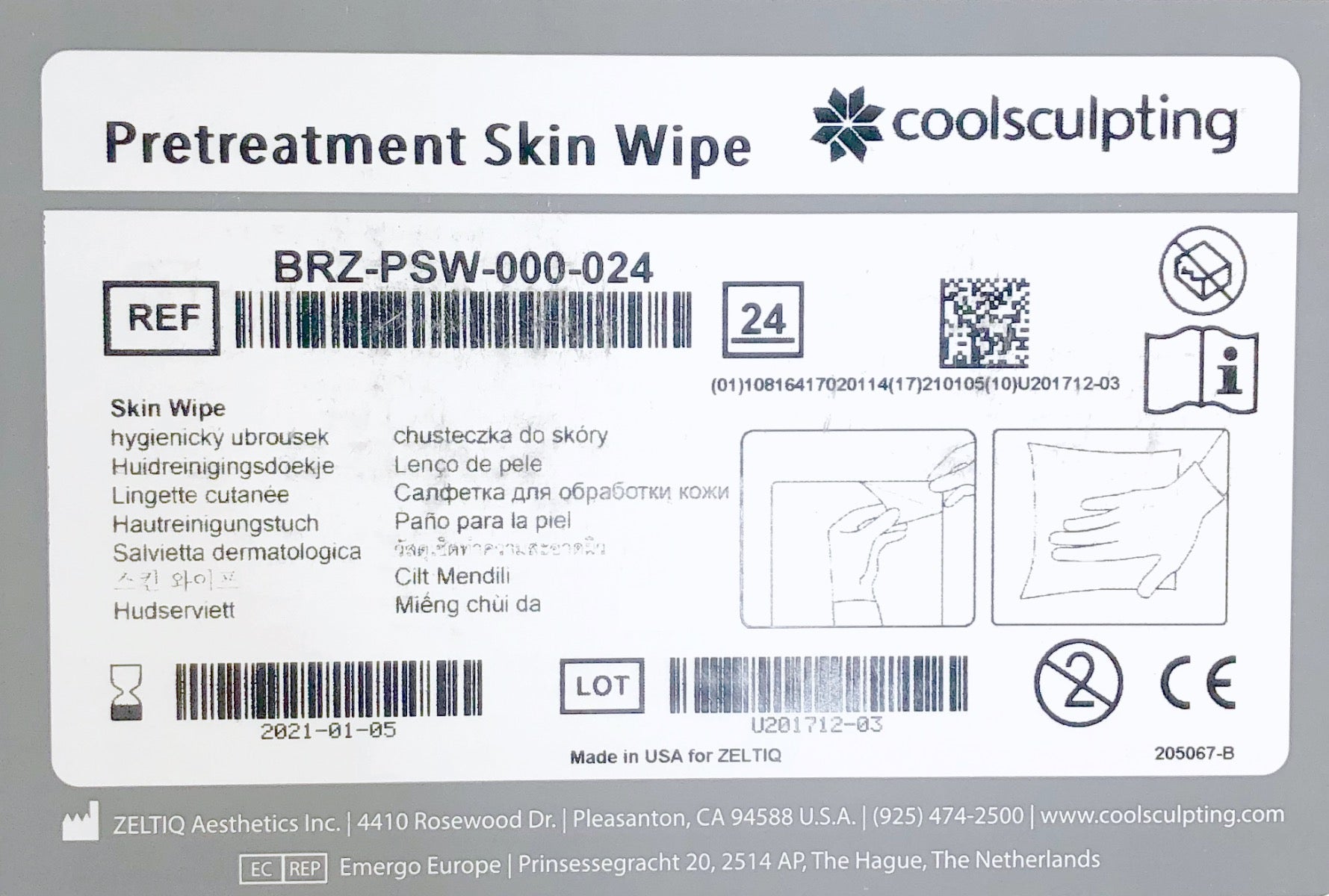 Zeltiq CoolSculpting Pretreatment Skin Wipes BRZ-PSW-000-024 Exp 01/21 - 24 Pack