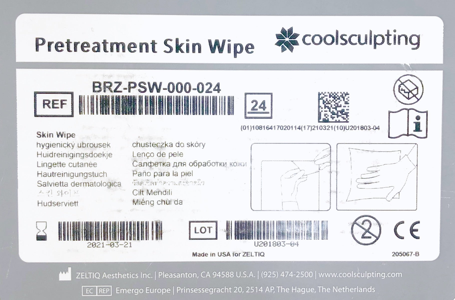 Zeltiq CoolSculpting Pretreatment Skin Wipes BRZ-PSW-000-024 Exp 03/21 - 24 Pack