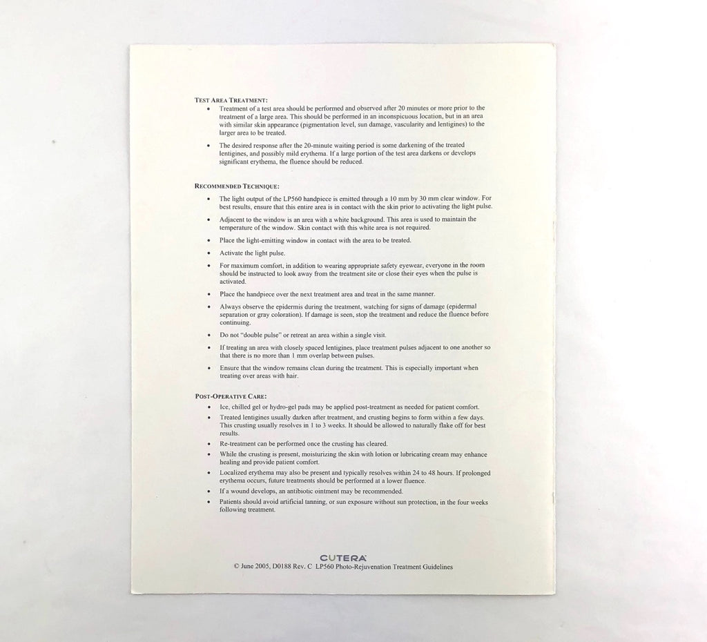 Cutera LP560 Photo-Rejuvenation Treatment Guidelines Booklet