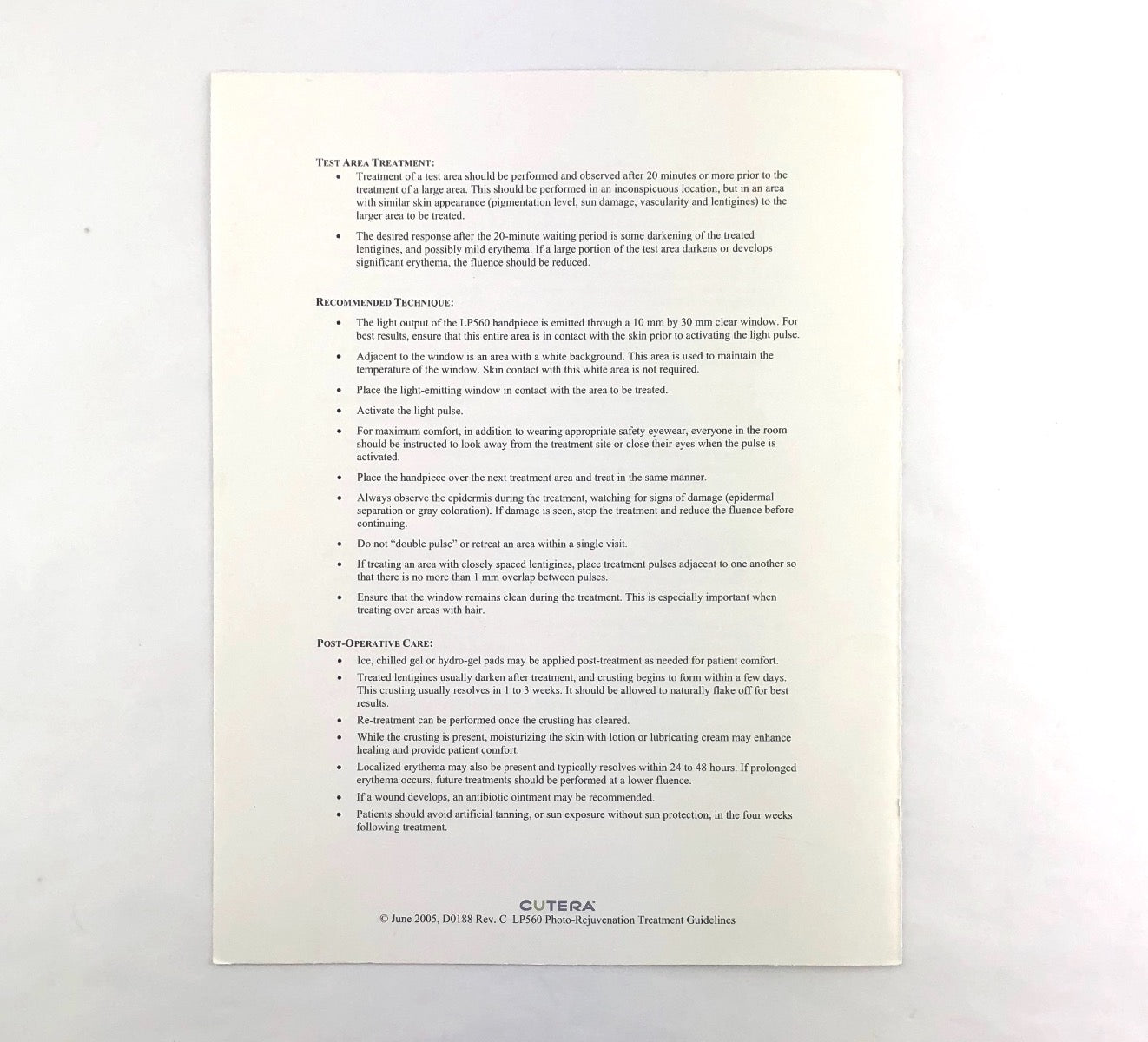 Cutera LP560 Photo-Rejuvenation Treatment Guidelines Booklet