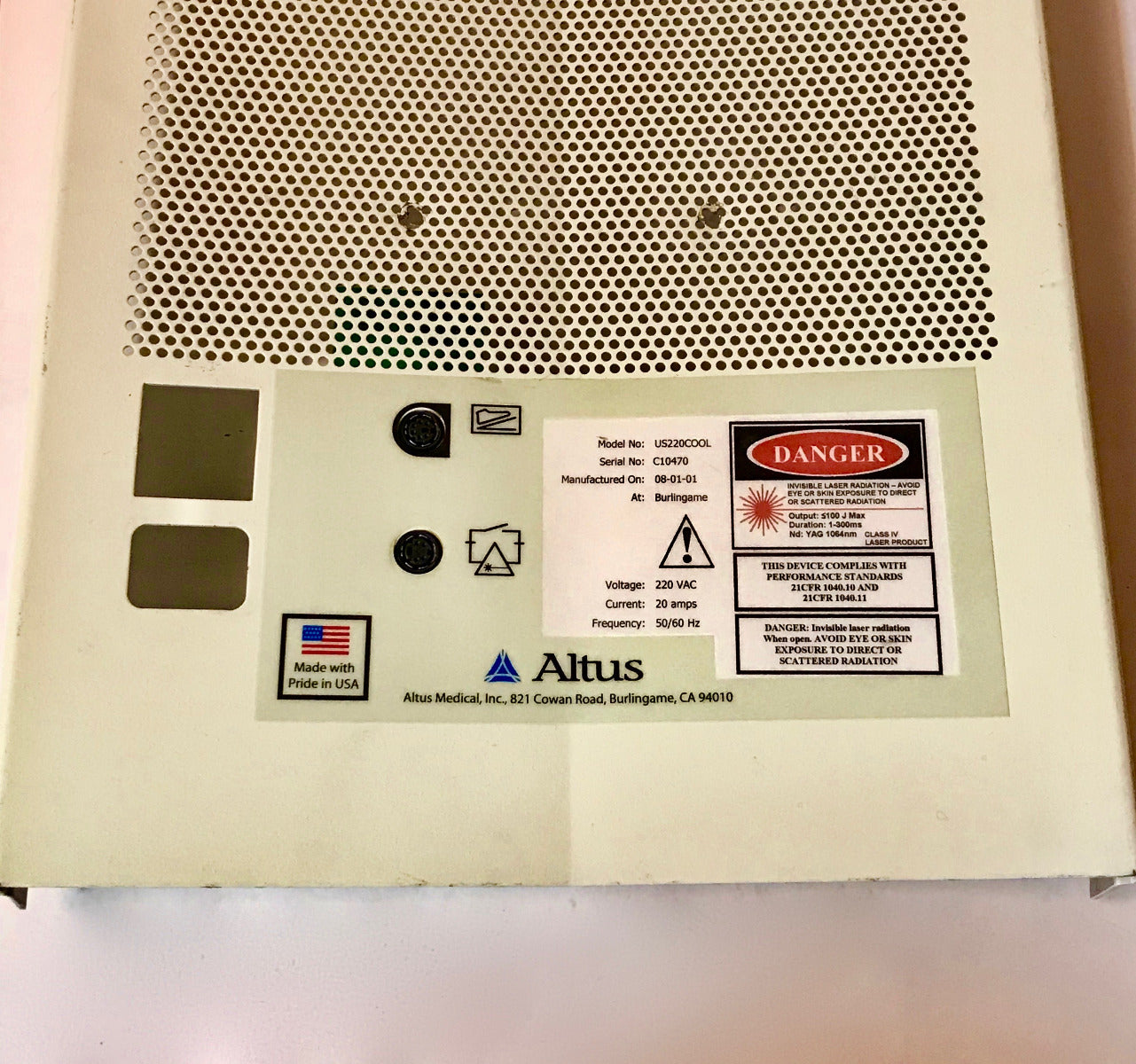 Cutera Altus Coolglide CV Vantage Back Panel Cover Interlock Board US220COOL