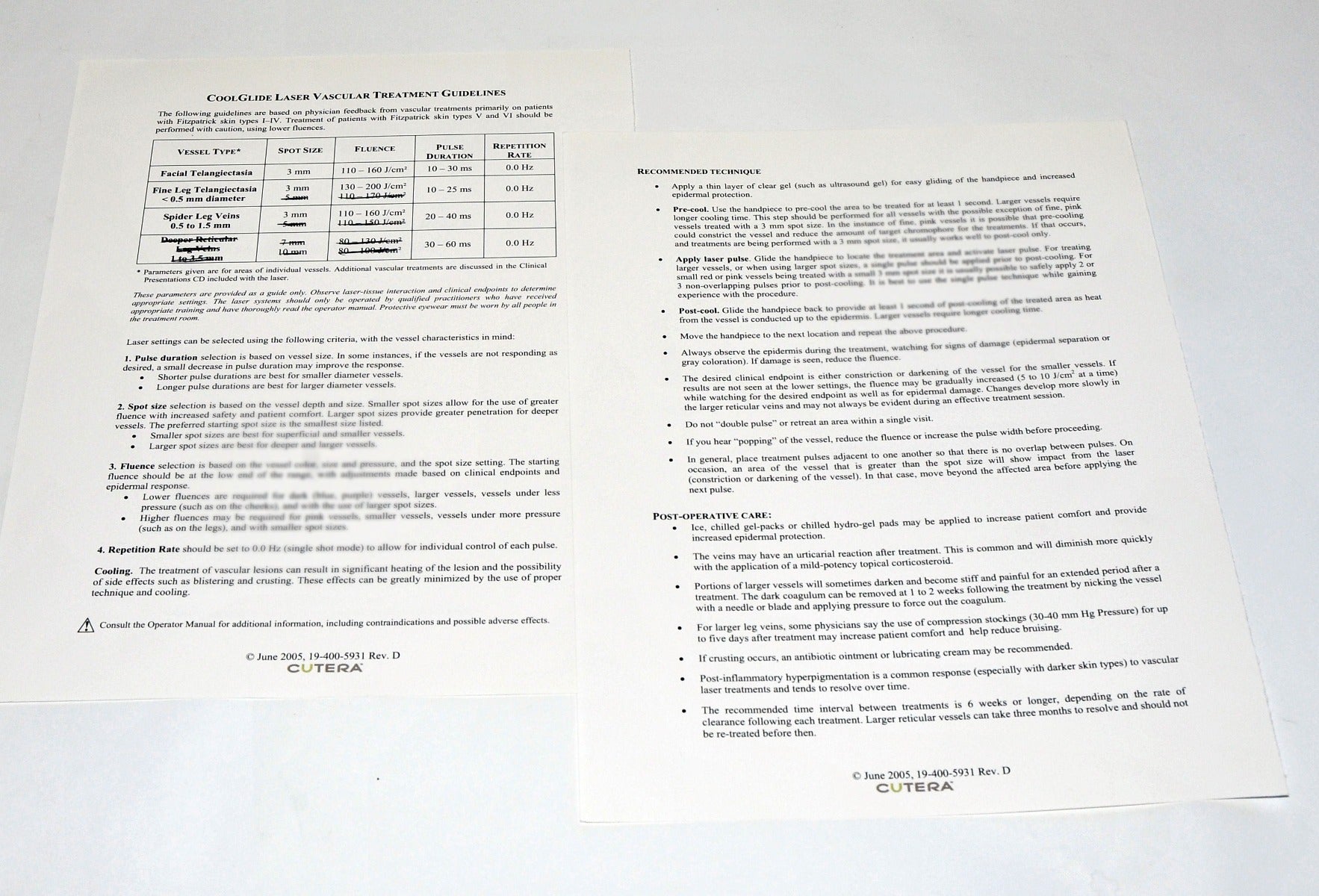 Cutera CoolGlide Laser Vascular Treatment Guidelines Parameter Settings 19-400-5931