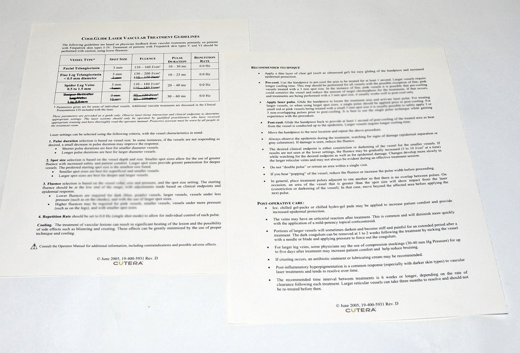 Cutera CoolGlide Laser Vascular Treatment Guidelines Parameter Settings