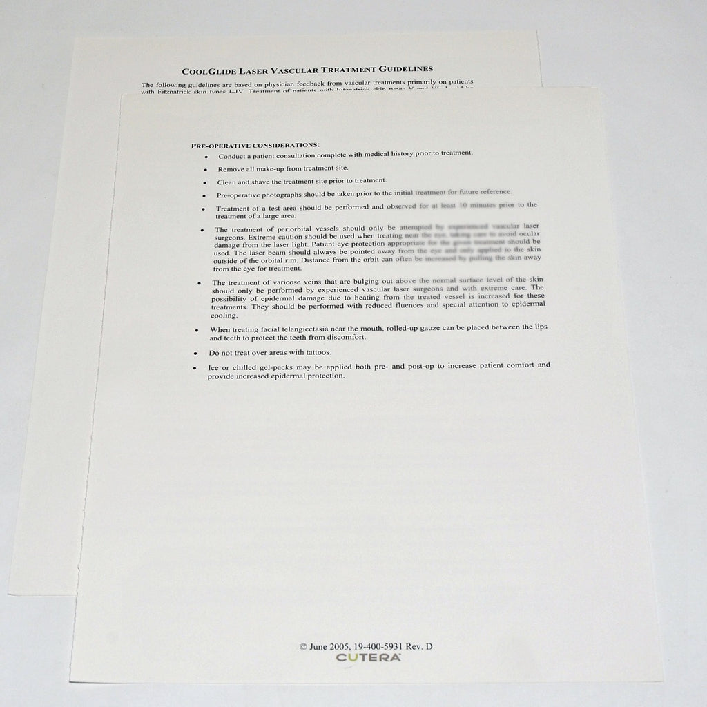Cutera CoolGlide Laser Vascular Treatment Guidelines Parameter Settings 19-400-5931
