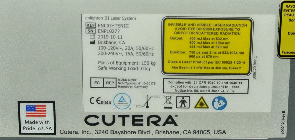 2019 Cutera Enlighten III 3 Tattoo Removal Skin Revitalization RECERT FEE WAIVED