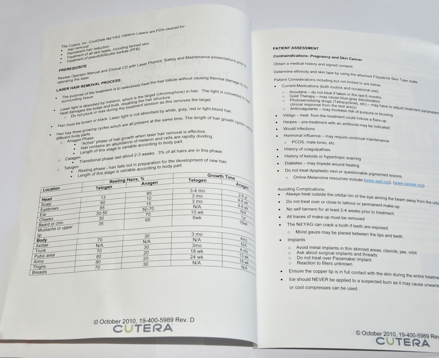 Cutera Laser CoolGlide Hair Removal Treatment Guideline Booklet 19-400-5989 2010