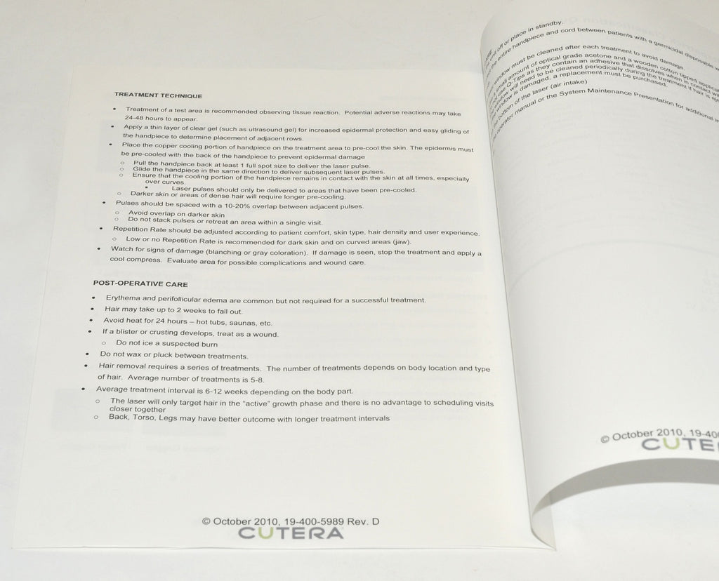 Cutera Laser CoolGlide Hair Removal Treatment Guideline Booklet 19-400-5989 2010