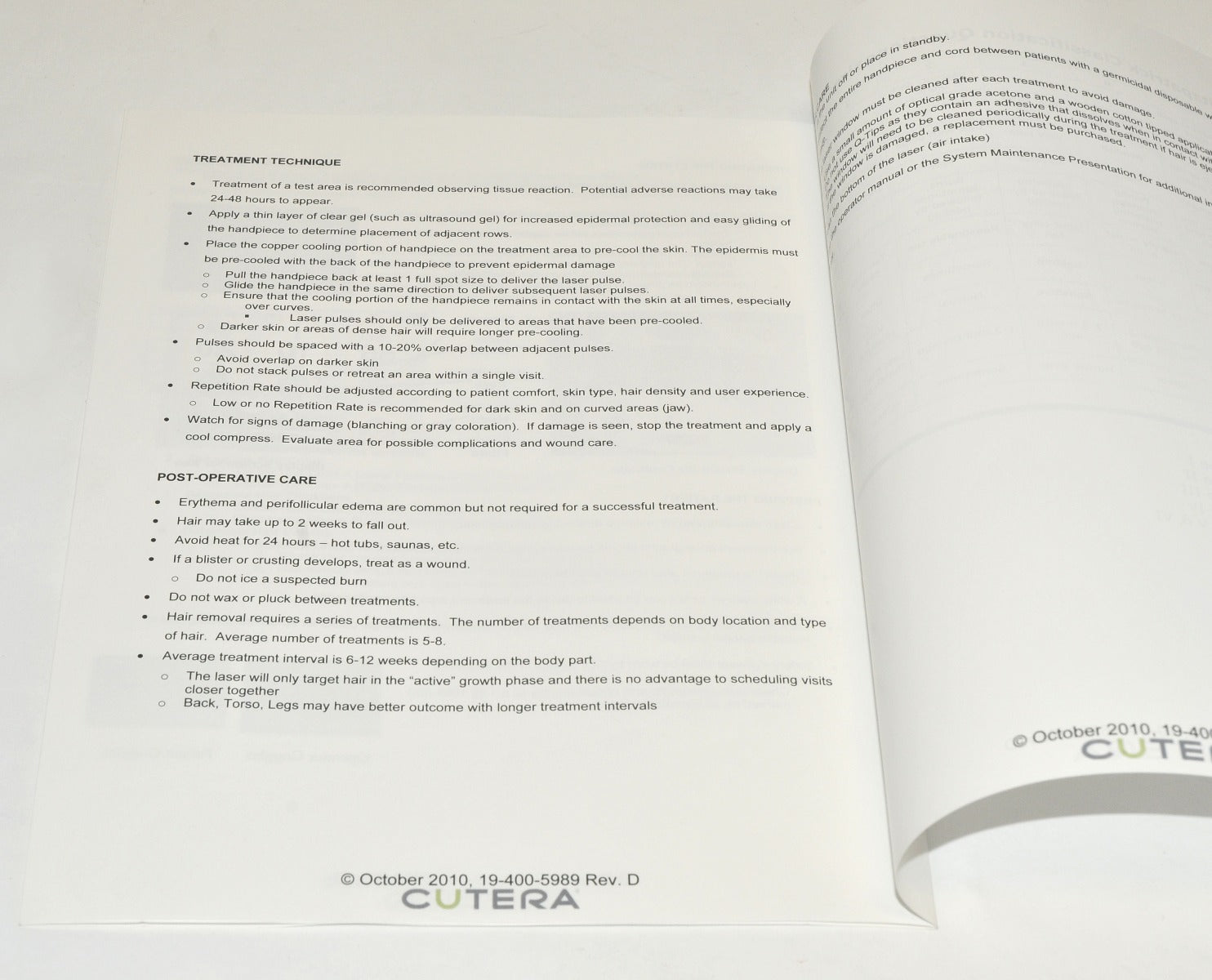 Cutera Laser CoolGlide Hair Removal Treatment Guideline Booklet 19-400-5989 2010