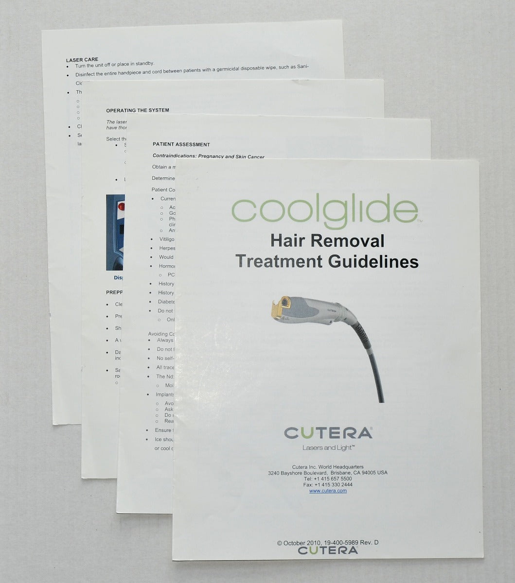 Cutera Laser CoolGlide Hair Removal Treatment Guideline Booklet 19-400-5989 8Pgs