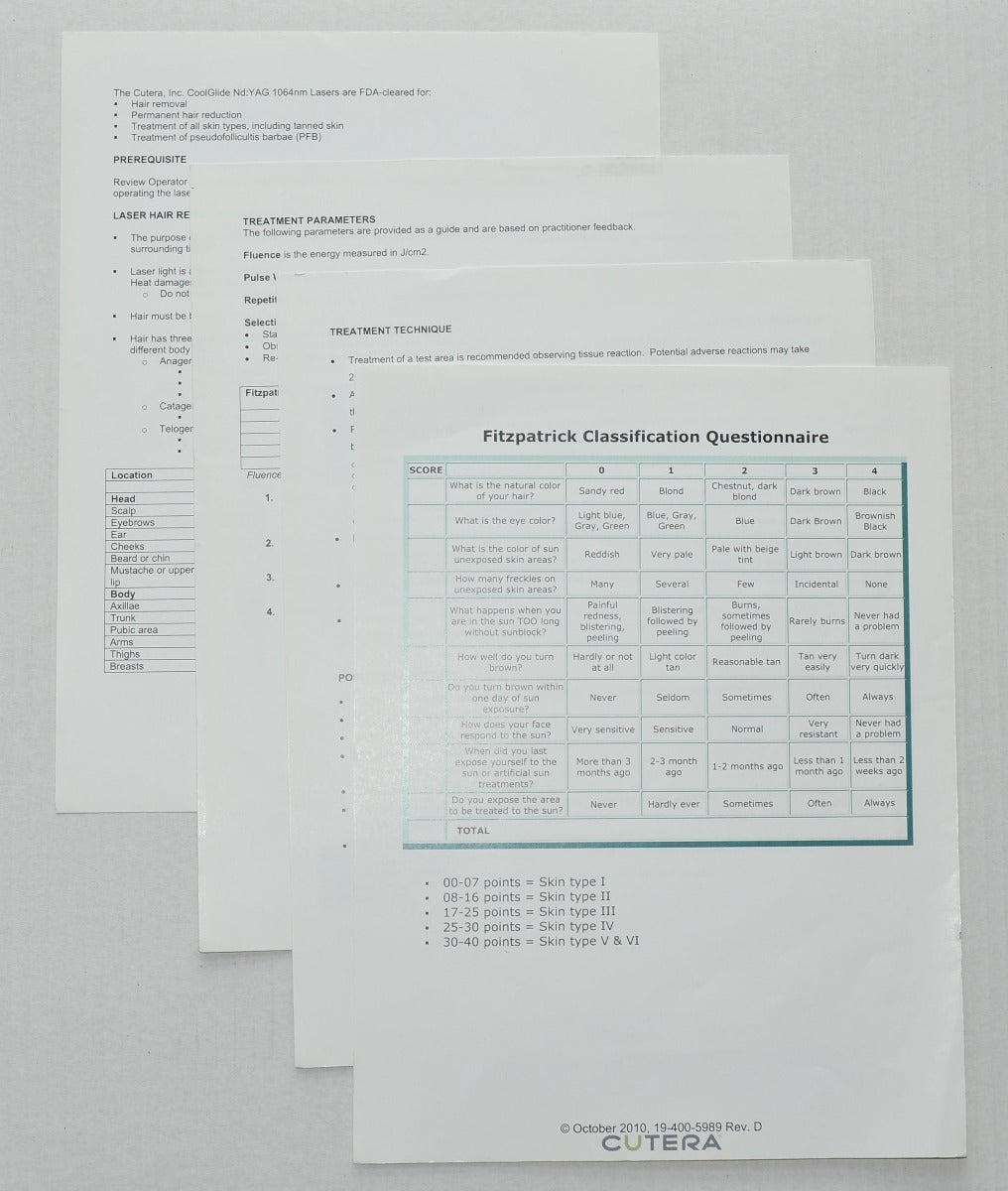 Cutera Laser CoolGlide Hair Removal Treatment Guideline Booklet 19-400-5989 8Pgs