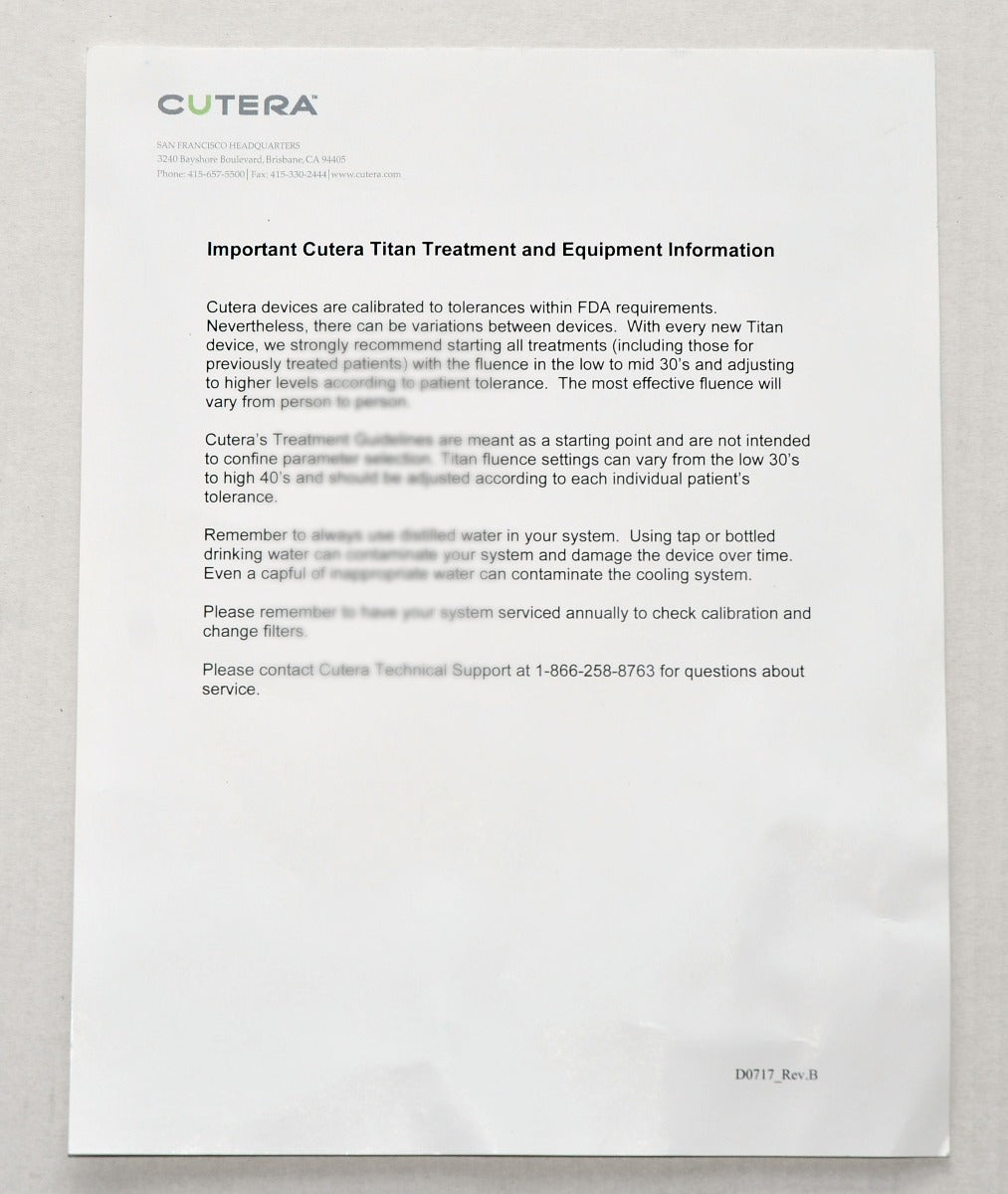 Cutera Laser Titan Treatment & Equipment Information Sheet Guidelines - D0717
