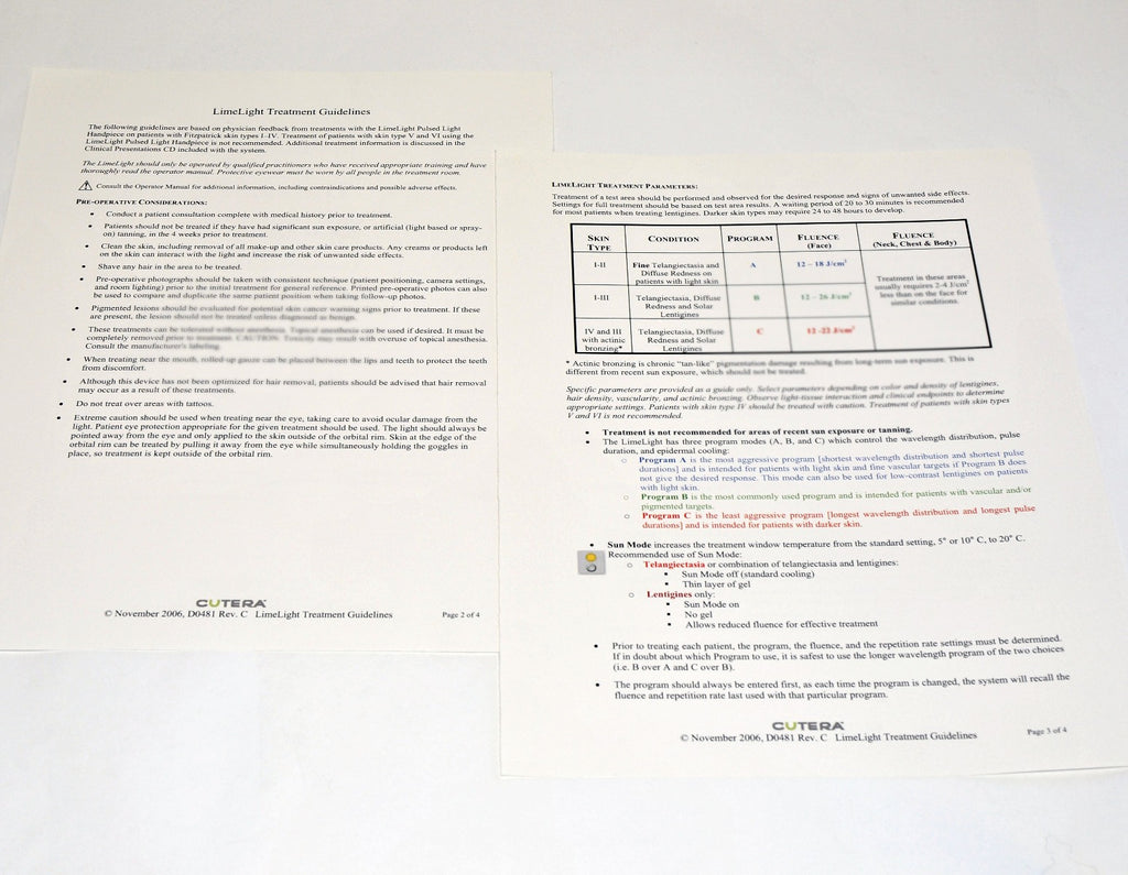 Cutera Limelight Laser Treatment Guidelines Parameter Settings Lime Light D0481