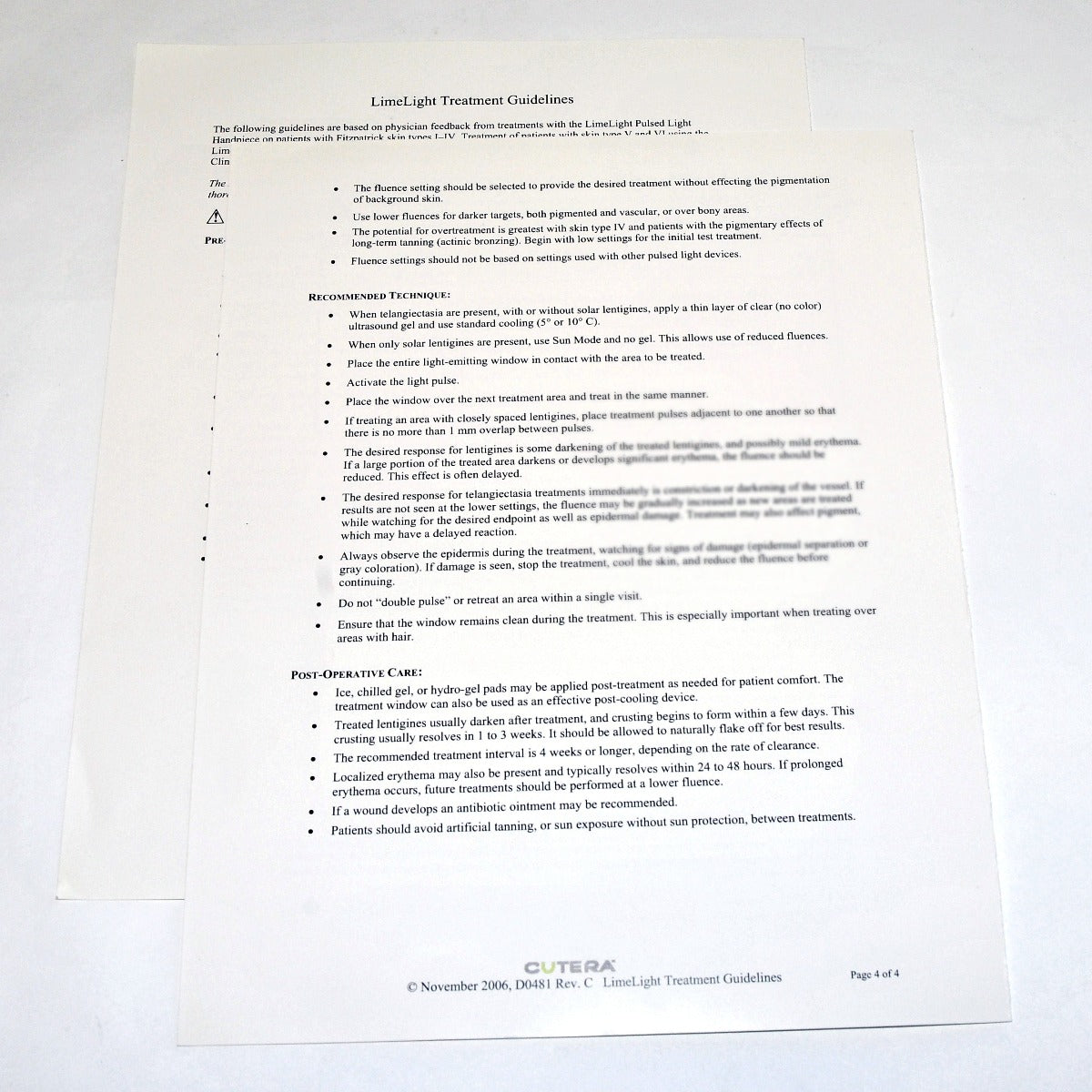 Cutera Limelight Laser Treatment Guidelines Parameter Settings Lime Light D0481