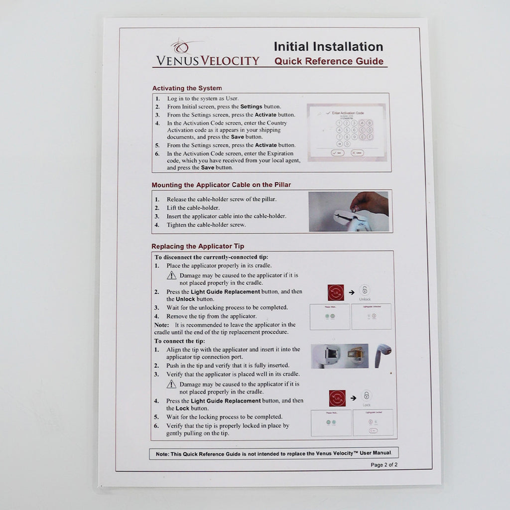 VenusConcept Venus Velocity Initial Installation Quick Reference Guide
